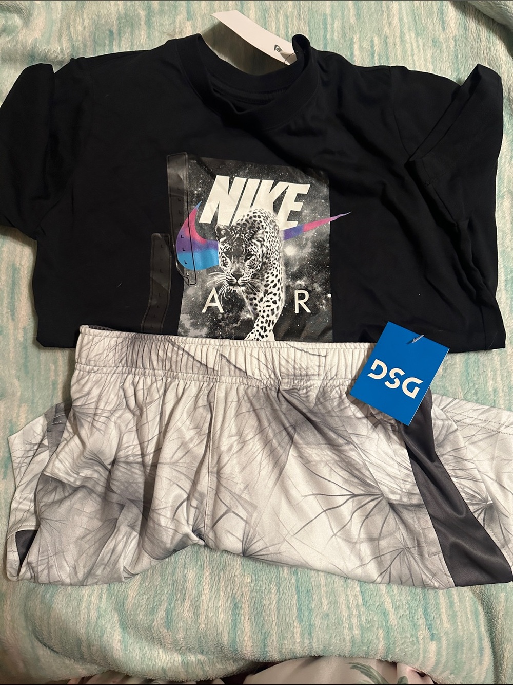 Nike Black Graphic AIR Leopard Tee with Light Gray Patterned Shorts DSG - Boys L
